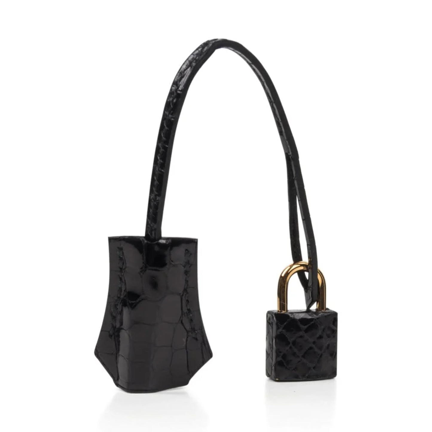 High Gloss Jet Black Large Defined Scale Embossed Compact Structured Hand Tote With Polished Golden Twist Lock Hardware, Matching Suspended Embossed Tag And Square Padlock Charm