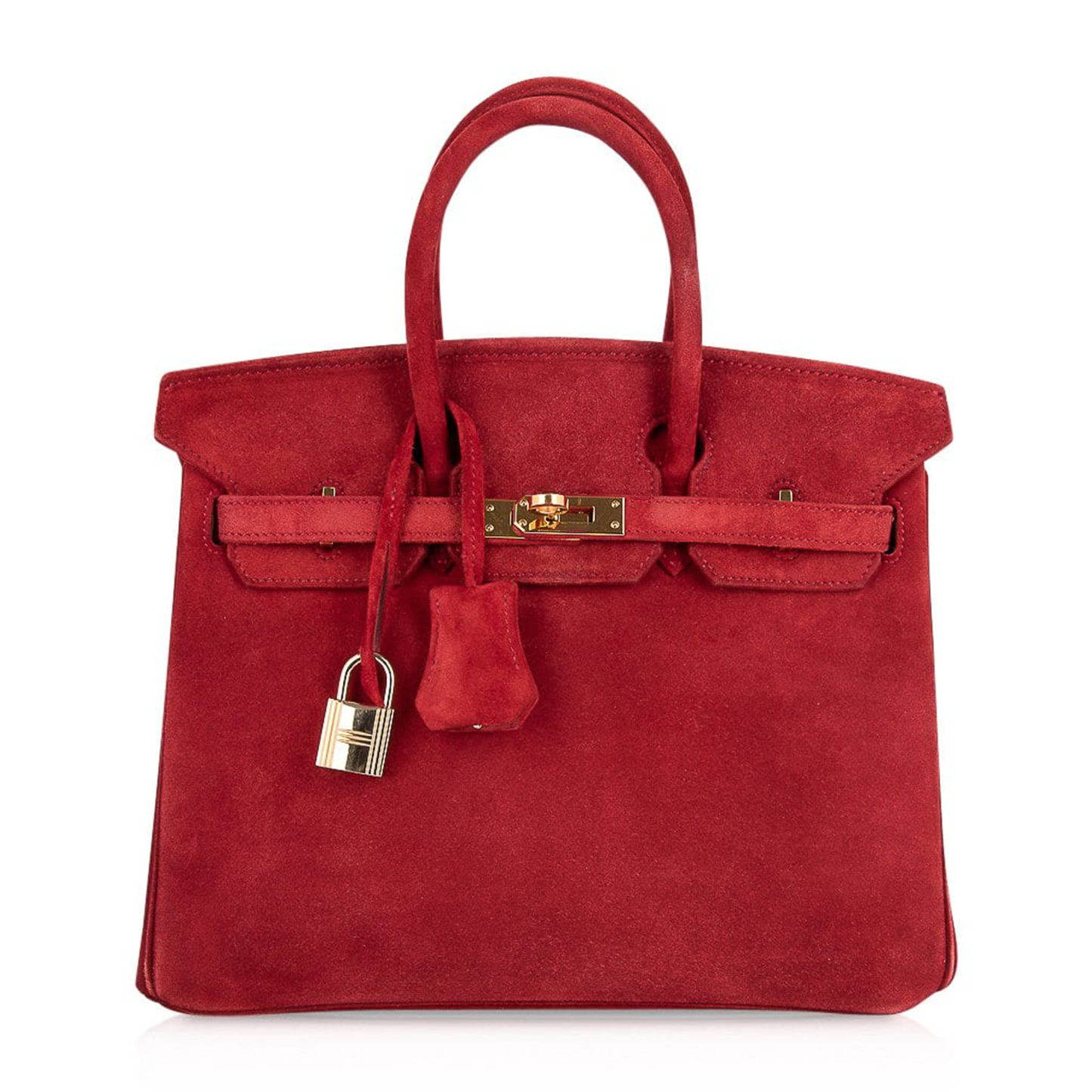 Rich Fiery Crimson Matte Velvety Suede Compact Structured Hand Tote With Lustrous Golden Twist Lock Hardware, Matching Suspended Suede Tag And Striped Metal Padlock Charm