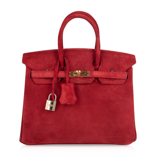 Rich Fiery Crimson Matte Velvety Suede Compact Structured Hand Tote With Lustrous Golden Twist Lock Hardware, Matching Suspended Suede Tag And Striped Metal Padlock Charm