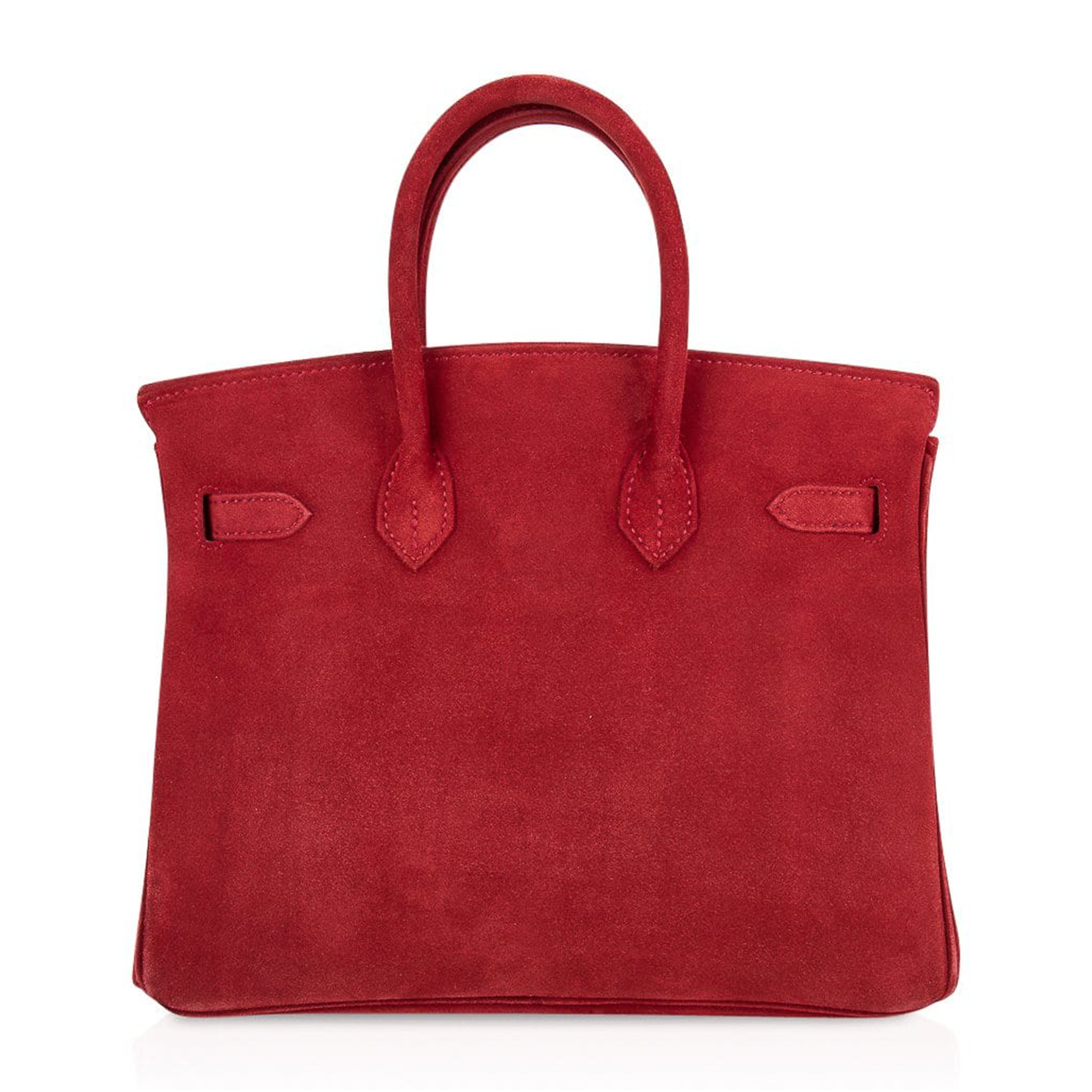 Rich Fiery Crimson Matte Velvety Suede Compact Structured Hand Tote With Lustrous Golden Twist Lock Hardware, Matching Suspended Suede Tag And Striped Metal Padlock Charm