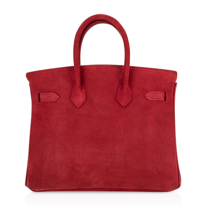 Rich Fiery Crimson Matte Velvety Suede Compact Structured Hand Tote With Lustrous Golden Twist Lock Hardware, Matching Suspended Suede Tag And Striped Metal Padlock Charm
