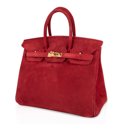 Rich Fiery Crimson Matte Velvety Suede Compact Structured Hand Tote With Lustrous Golden Twist Lock Hardware, Matching Suspended Suede Tag And Striped Metal Padlock Charm