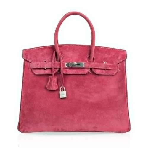 Vivid Fuchsia Pink Matte Velvety Suede Roomy Structured Hand Tote With Pale Contrast Stitching, Brushed Silvery Twist Lock Hardware And Matching Suspended Suede Tag Striped Metal Padlock Charm