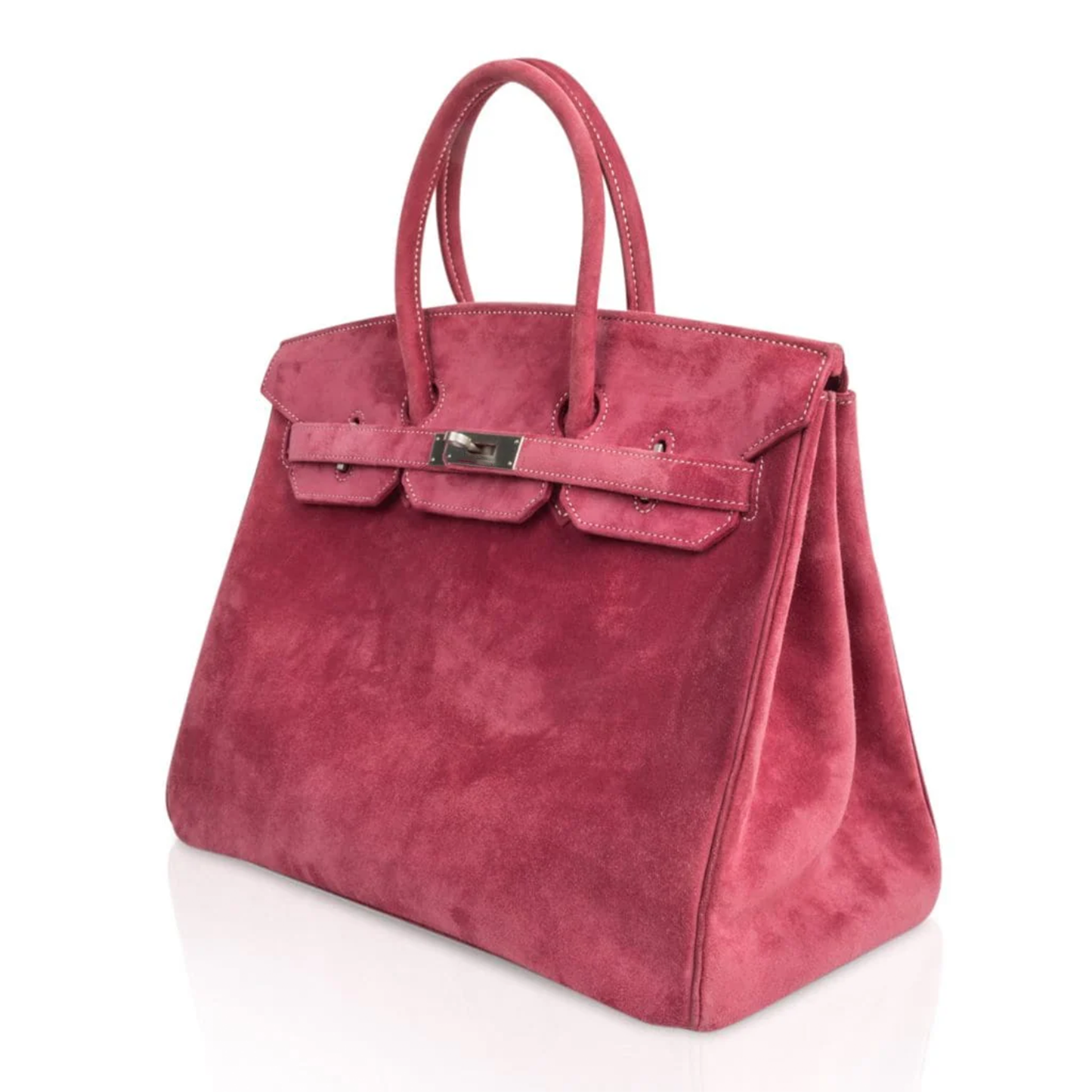 Vivid Fuchsia Pink Matte Velvety Suede Roomy Structured Hand Tote With Pale Contrast Stitching, Brushed Silvery Twist Lock Hardware And Matching Suspended Suede Tag Striped Metal Padlock Charm