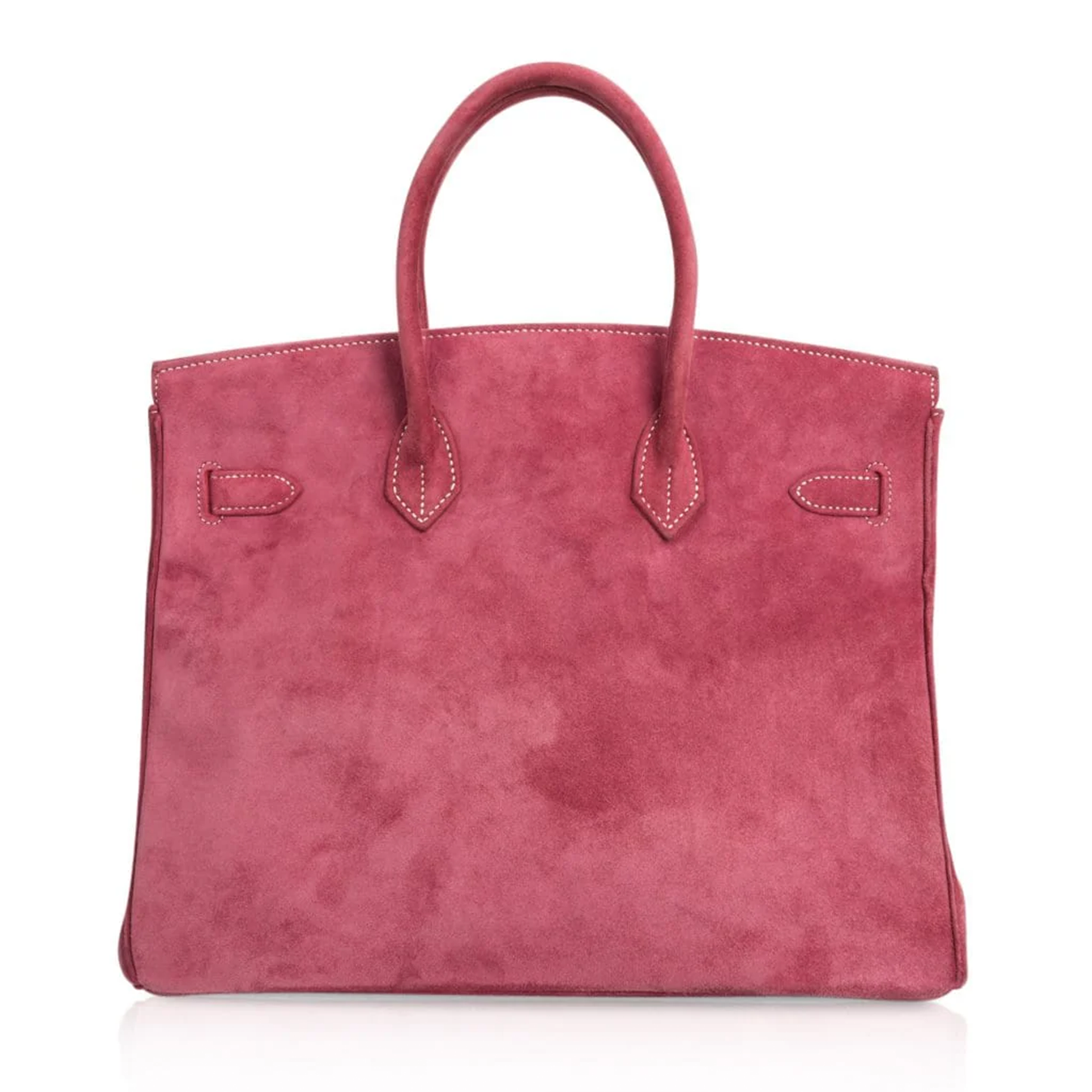 Vivid Fuchsia Pink Matte Velvety Suede Roomy Structured Hand Tote With Pale Contrast Stitching, Brushed Silvery Twist Lock Hardware And Matching Suspended Suede Tag Striped Metal Padlock Charm