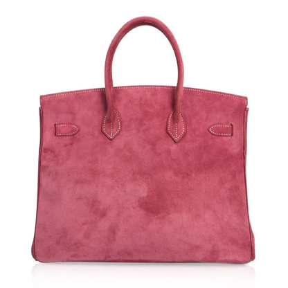 Vivid Fuchsia Pink Matte Velvety Suede Roomy Structured Hand Tote With Pale Contrast Stitching, Brushed Silvery Twist Lock Hardware And Matching Suspended Suede Tag Striped Metal Padlock Charm