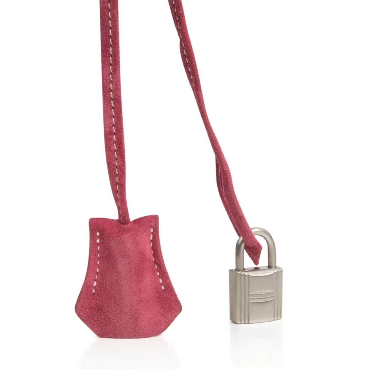 Vivid Fuchsia Pink Matte Velvety Suede Roomy Structured Hand Tote With Pale Contrast Stitching, Brushed Silvery Twist Lock Hardware And Matching Suspended Suede Tag Striped Metal Padlock Charm