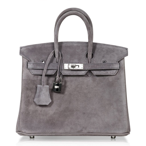 Soft Smoke Grey Matte Plush Suede Compact Structured Hand Tote With Tonal Fine Stitching, Polished Silvery Twist Lock Hardware And Matching Suspended Suede Tag Striped Metal Padlock Charm