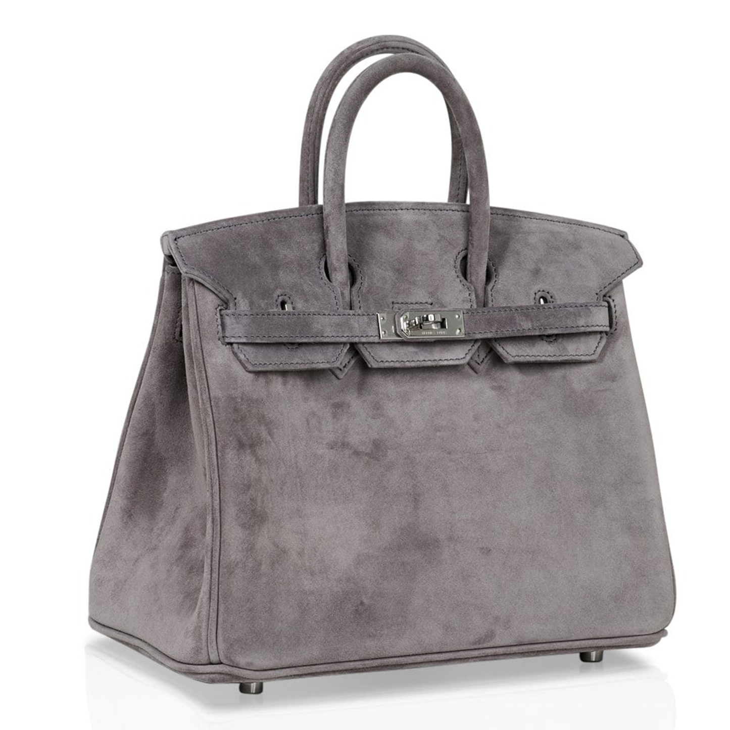 Soft Smoke Grey Matte Plush Suede Compact Structured Hand Tote With Tonal Fine Stitching, Polished Silvery Twist Lock Hardware And Matching Suspended Suede Tag Striped Metal Padlock Charm