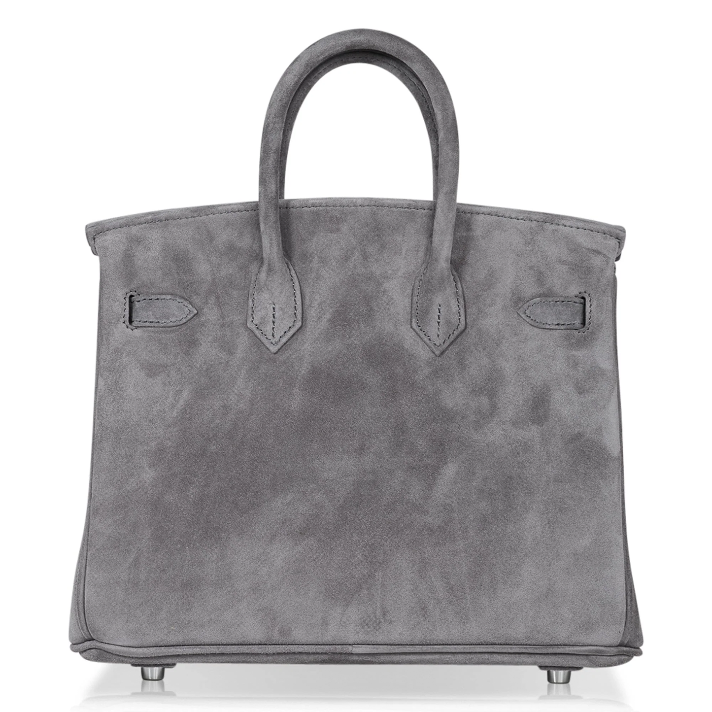 Soft Smoke Grey Matte Plush Suede Compact Structured Hand Tote With Tonal Fine Stitching, Polished Silvery Twist Lock Hardware And Matching Suspended Suede Tag Striped Metal Padlock Charm