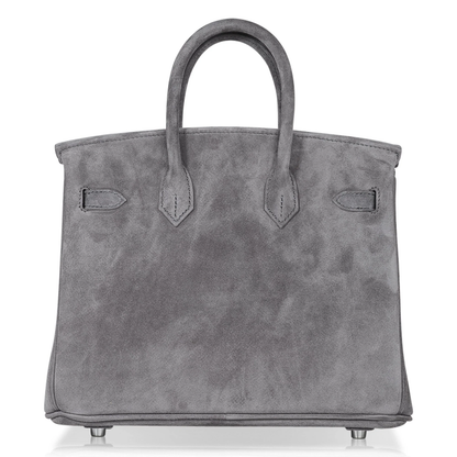 Soft Smoke Grey Matte Plush Suede Compact Structured Hand Tote With Tonal Fine Stitching, Polished Silvery Twist Lock Hardware And Matching Suspended Suede Tag Striped Metal Padlock Charm