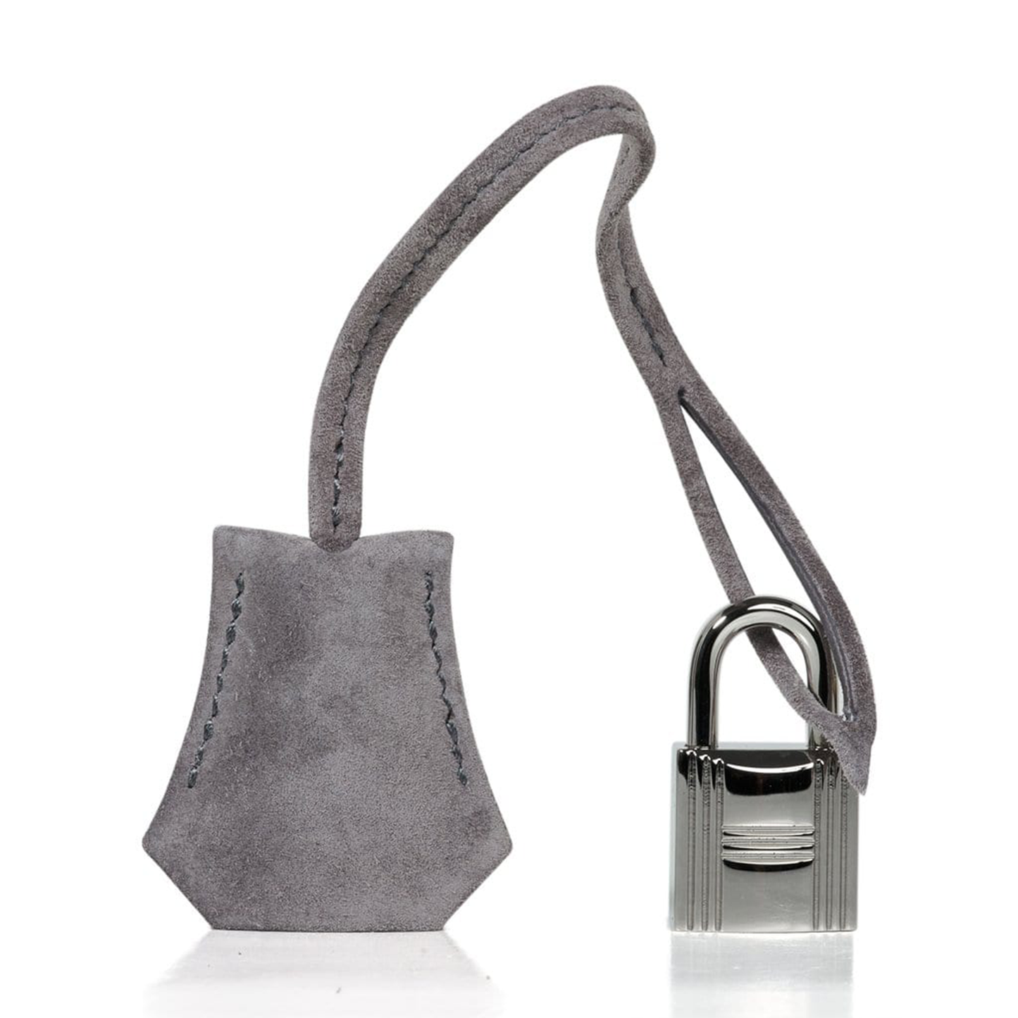 Soft Smoke Grey Matte Plush Suede Compact Structured Hand Tote With Tonal Fine Stitching, Polished Silvery Twist Lock Hardware And Matching Suspended Suede Tag Striped Metal Padlock Charm