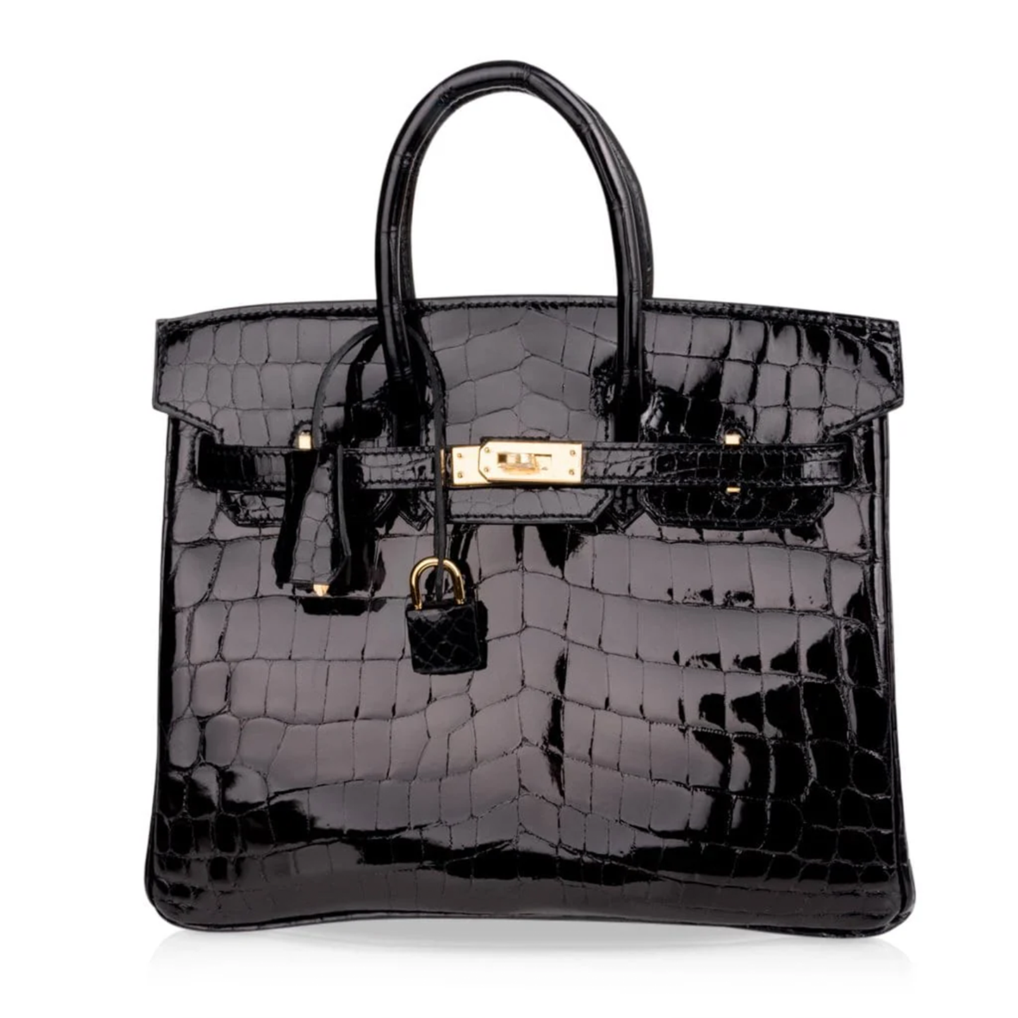 High Gloss Jet Black Large Defined Scale Embossed Compact Structured Hand Tote With Polished Golden Twist Lock Hardware, Matching Suspended Embossed Tag And Square Padlock Charm