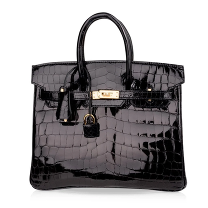 High Gloss Jet Black Large Defined Scale Embossed Compact Structured Hand Tote With Polished Golden Twist Lock Hardware, Matching Suspended Embossed Tag And Square Padlock Charm