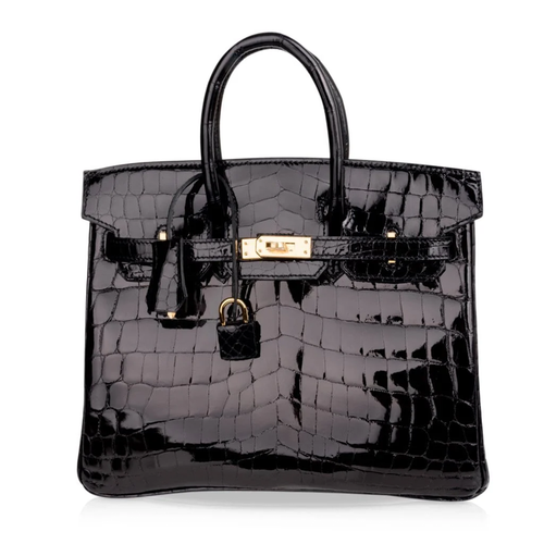 High Gloss Jet Black Large Defined Scale Embossed Compact Structured Hand Tote With Polished Golden Twist Lock Hardware, Matching Suspended Embossed Tag And Square Padlock Charm