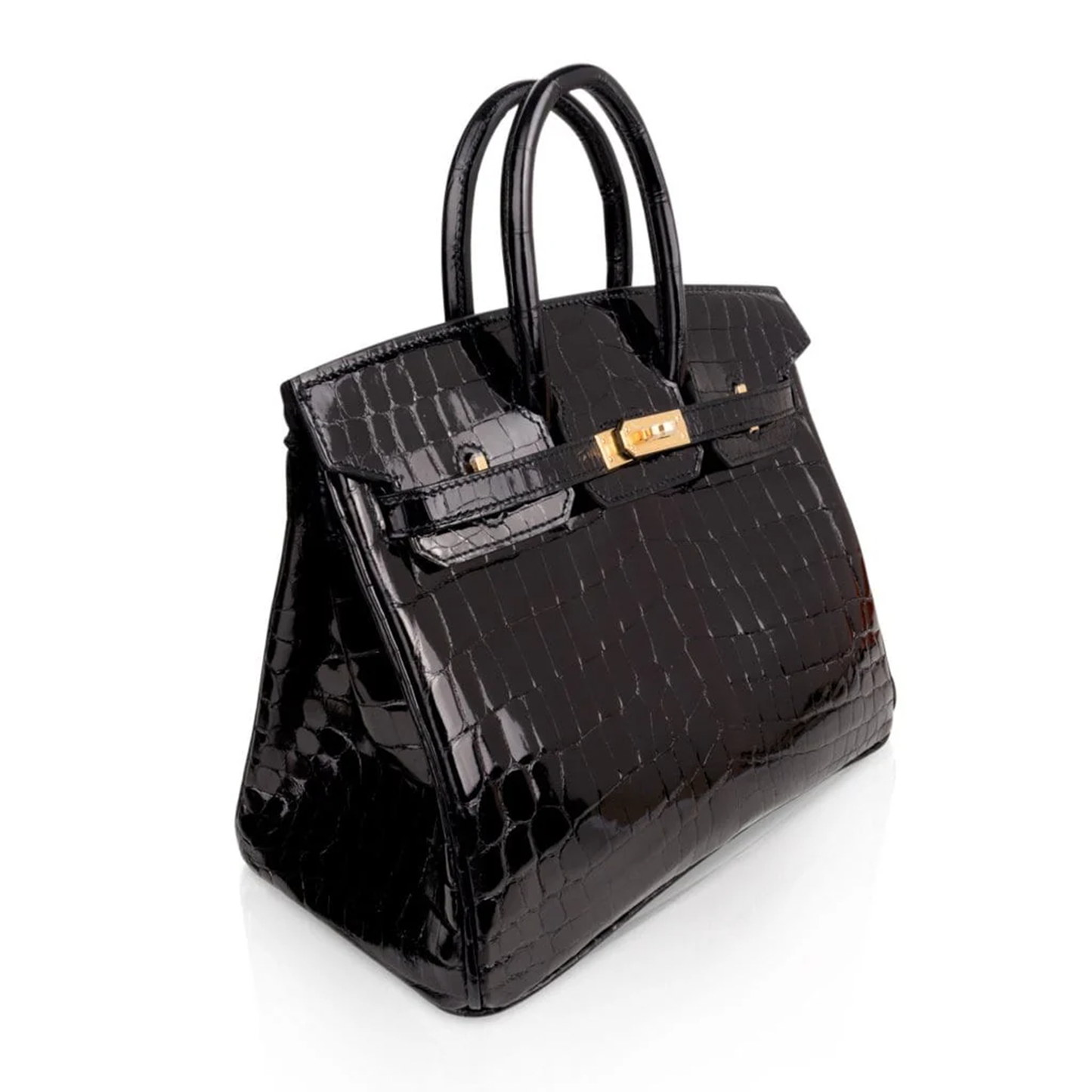 High Gloss Jet Black Large Defined Scale Embossed Compact Structured Hand Tote With Polished Golden Twist Lock Hardware, Matching Suspended Embossed Tag And Square Padlock Charm