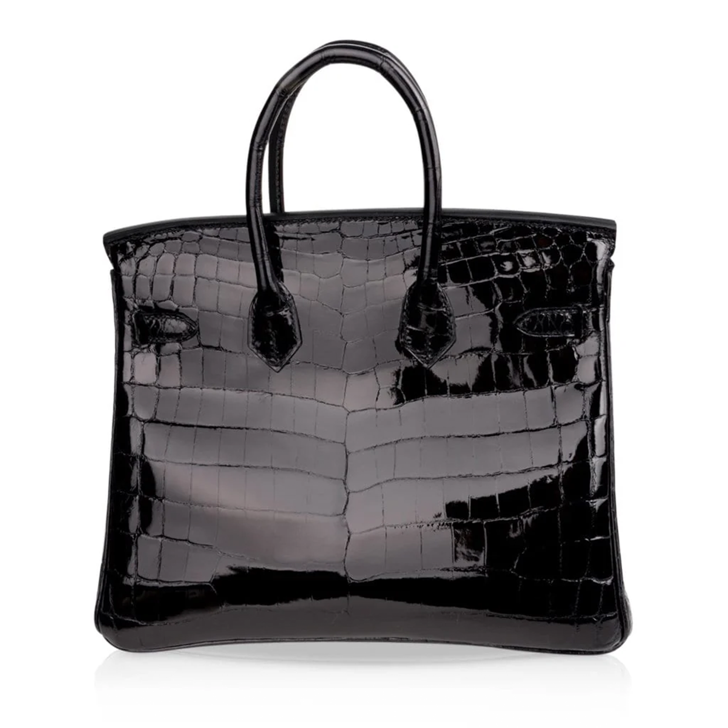 High Gloss Jet Black Large Defined Scale Embossed Compact Structured Hand Tote With Polished Golden Twist Lock Hardware, Matching Suspended Embossed Tag And Square Padlock Charm