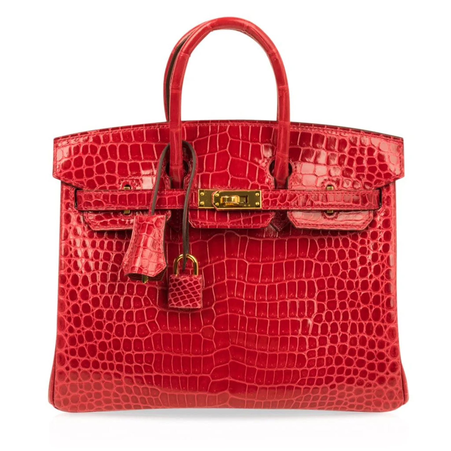 Vivid Fire-Lipstick Scarlet Glossy Tiny Scale Embossed Compact Structured Hand Tote With Lustrous Golden Twist Lock Hardware, Matching Suspended Embossed Tag And Compact Square Padlock Charm