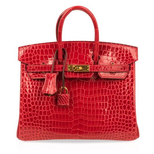 Vivid Fire-Lipstick Scarlet Glossy Tiny Scale Embossed Compact Structured Hand Tote With Lustrous Golden Twist Lock Hardware, Matching Suspended Embossed Tag And Compact Square Padlock Charm