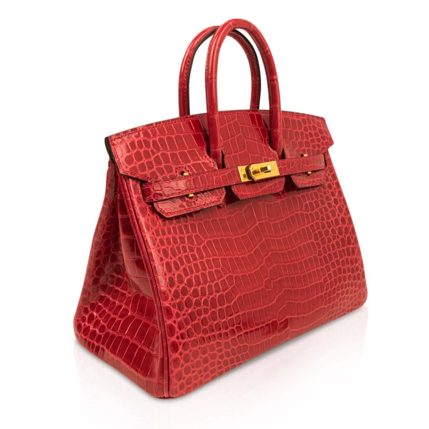 Vivid Fire-Lipstick Scarlet Glossy Tiny Scale Embossed Compact Structured Hand Tote With Lustrous Golden Twist Lock Hardware, Matching Suspended Embossed Tag And Compact Square Padlock Charm