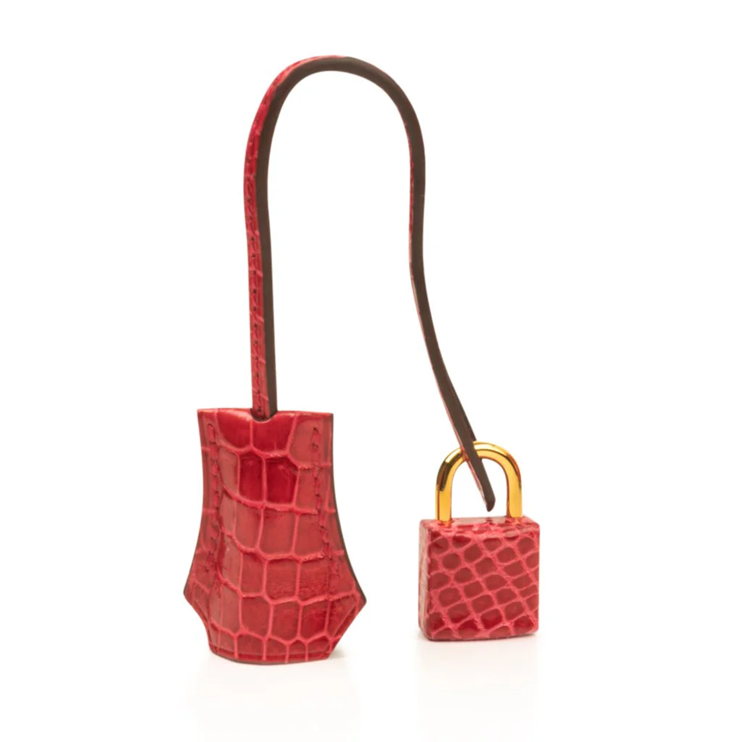 Vivid Fire-Lipstick Scarlet Glossy Tiny Scale Embossed Compact Structured Hand Tote With Lustrous Golden Twist Lock Hardware, Matching Suspended Embossed Tag And Compact Square Padlock Charm