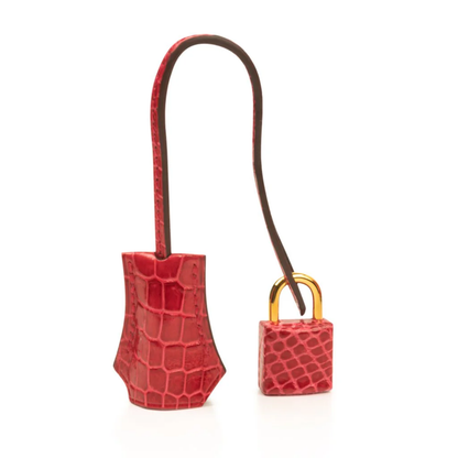 Vivid Fire-Lipstick Scarlet Glossy Tiny Scale Embossed Compact Structured Hand Tote With Lustrous Golden Twist Lock Hardware, Matching Suspended Embossed Tag And Compact Square Padlock Charm