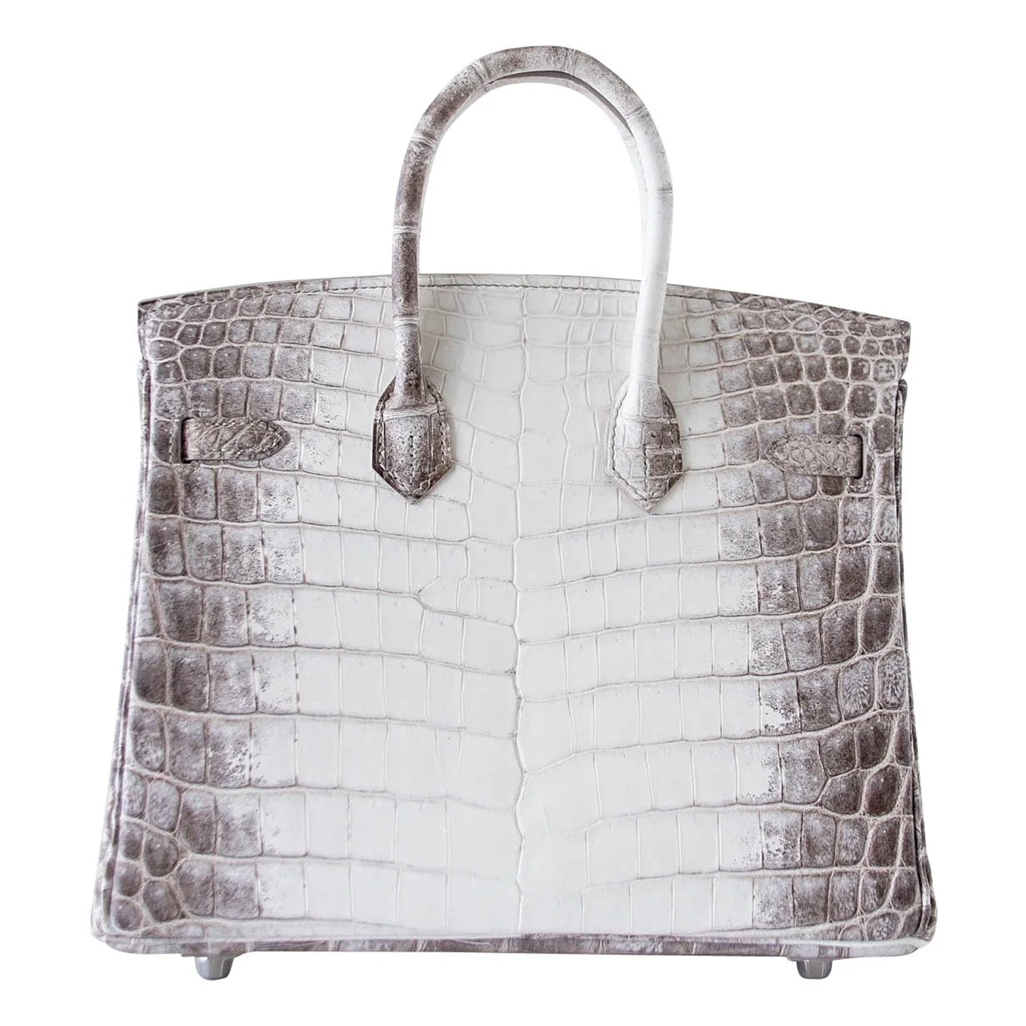 Ombre Pale White Ash Grey Marbled Gradient Scale Compact Structured Hand Tote With Brushed Silvery Twist Lock Hardware, Matching Suspended Embossed Tag And Textured Square Padlock Charm